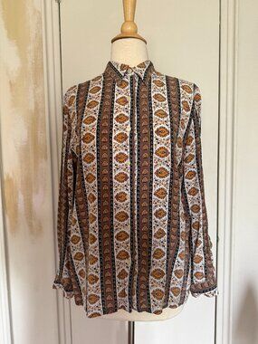 Vintage Medallion Print Button Down | Earth Tone Vertical Stripe | 70s